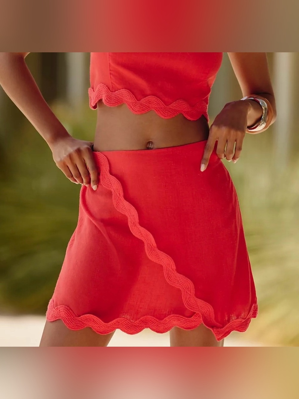 NWT Celandine Anthropologie Red Linen Blend Rickrack Wrap Mini Skirt Size Large
